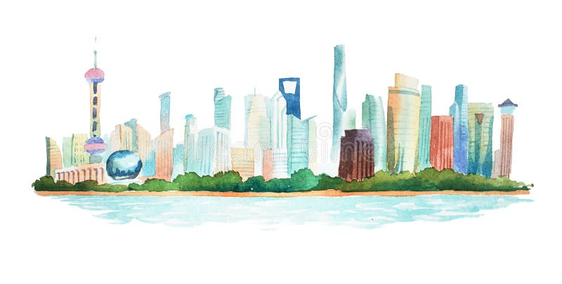 Mano de la visión panorámica dibujada con las acuarelas de la ciudad moderna grande ilustración del vector Mano de la visión panorámica dibujada con las acuarelas de la ciudad moderna grande ilustración del vector
