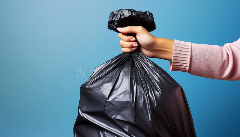 Mano de mujer tirando una bolsa de basura de polietileno negro ai generativo. Cierre extremo de una mano de mujer mientras ella está arrojando una bolsa de basura negra de polietileno sobre un fondo azul con espacio de copia. ai generativo