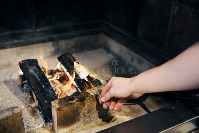 Mano de un chef varón friendo malvavisco en la rama de un árbol en un lugar de fuego ardiente fotos de archivo libres de regalías