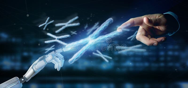 Mano del Cyborg que lleva a cabo un grupo de cromosoma con la DNA dentro del isolat imagenes de archivo Mano del Cyborg que lleva a cabo un grupo de cromosoma con la DNA dentro del isolat imagenes de archivo