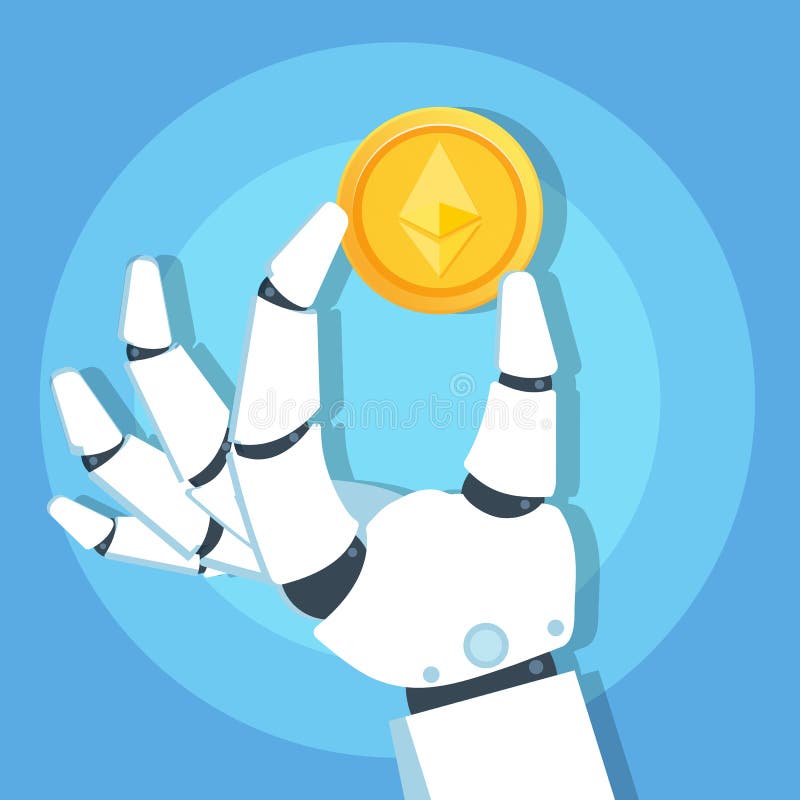 Mano del robot que lleva a cabo el icono de la moneda de oro de Ethereum Cryptocurrency Concepto de la tecnología de Blockchain libre illustration Mano del robot que lleva a cabo el icono de la moneda de oro de Ethereum Cryptocurrency Concepto de la tecnología de Blockchain libre illustration