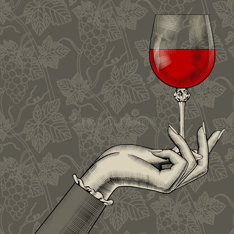 Mano del ` s delle donne con un vetro di vino sul backgr senza cuciture del modello dell'uva illustrazione vettoriale Mano del ` s delle donne con un vetro di vino sul backgr senza cuciture del modello dell'uva illustrazione vettoriale