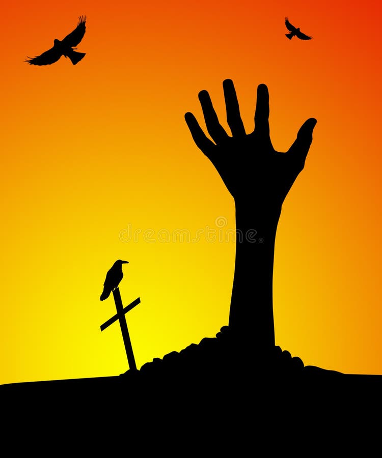 Zombie hand rising out of grave at sunset. Zombie hand rising out of grave at sunset