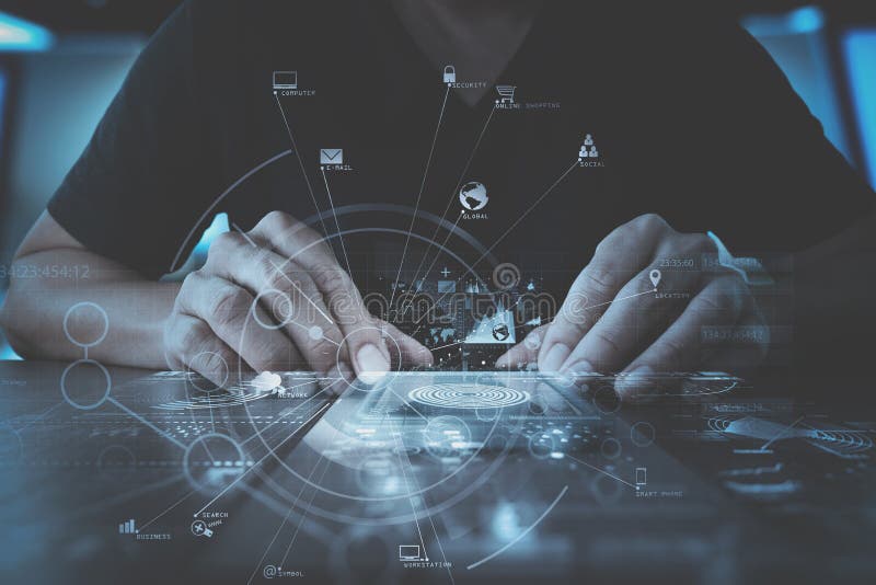 Mano dell'uomo d'affari che funziona con il computer moderno in ufficio moderno w illustrazione vettoriale