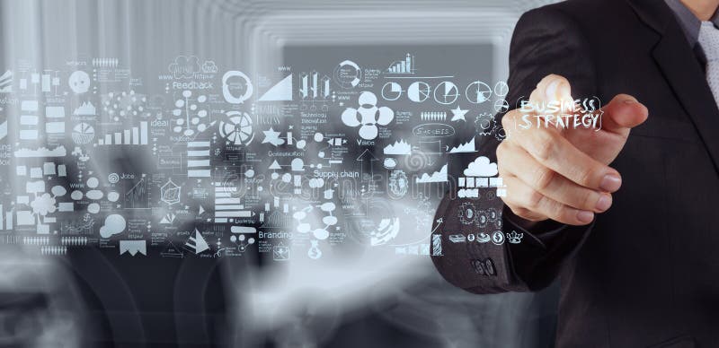 Mano dell'uomo d'affari che funziona con il nuovo computer moderno illustrazione vettoriale