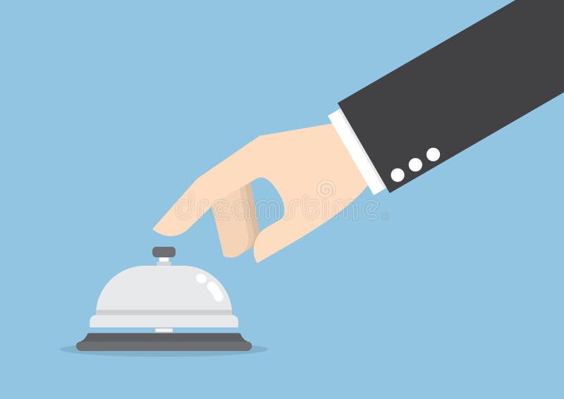 Mano dell'uomo d'affari che suona nella campana di servizio illustrazione vettoriale