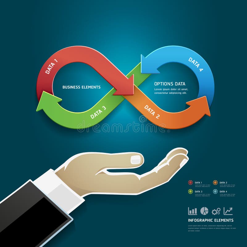 Mano dell'uomo d'affari con il simbolo di infinito di strategia. illustrazione di stock