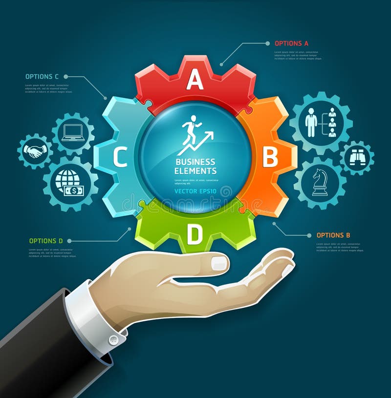 Mano dell'uomo d'affari e simbolo del diagramma degli ingranaggi. royalty illustrazione gratis