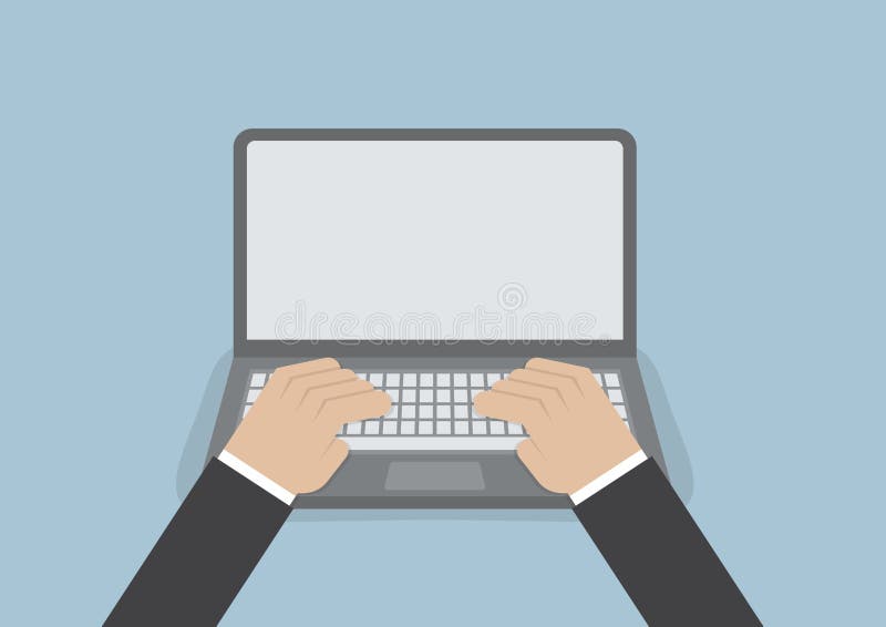 Mano dell'uomo d'affari sulla tastiera del computer portatile con il monitor dello schermo in bianco illustrazione vettoriale