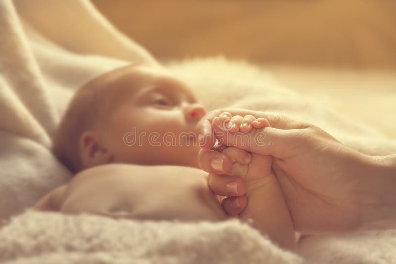Mano della madre della tenuta del neonato, bambino neonato e genitore fotografia stock Mano della madre della tenuta del neonato, bambino neonato e genitore fotografia stock