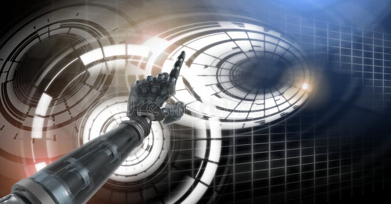 Mano di androide del robot ed interfaccia d'ardore di tecnologia del cerchio royalty illustrazione gratis Mano di androide del robot ed interfaccia d'ardore di tecnologia del cerchio royalty illustrazione gratis