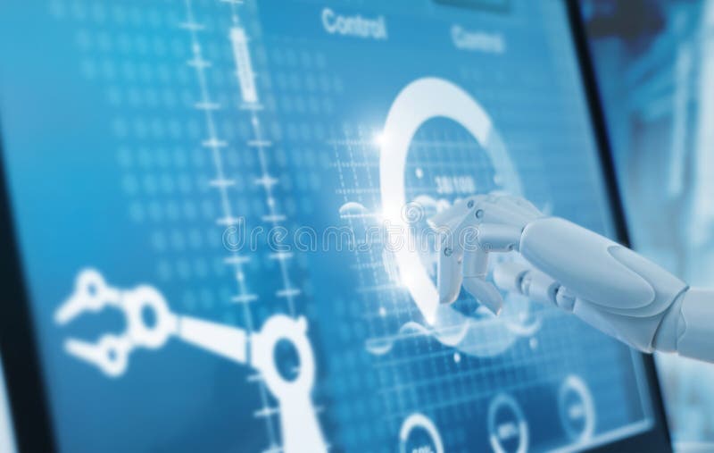 Mano di robotica che tocca e macchina dei braccia del robot di automazione di controllo fotografie stock libere da diritti Mano di robotica che tocca e macchina dei braccia del robot di automazione di controllo fotografie stock libere da diritti