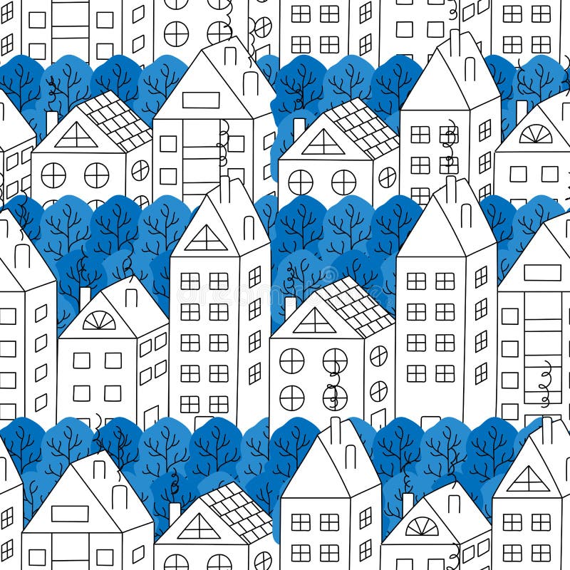 Mano-dibujo de las casas de ciudad y del modelo inconsútil de los árboles stock de ilustración Mano-dibujo de las casas de ciudad y del modelo inconsútil de los árboles stock de ilustración