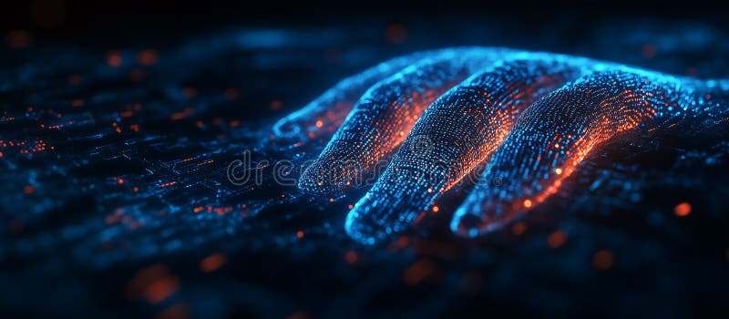 Mano digitale composta da particelle blu e arancione che interagiscono con una superficie di dati illustrazione vettoriale
