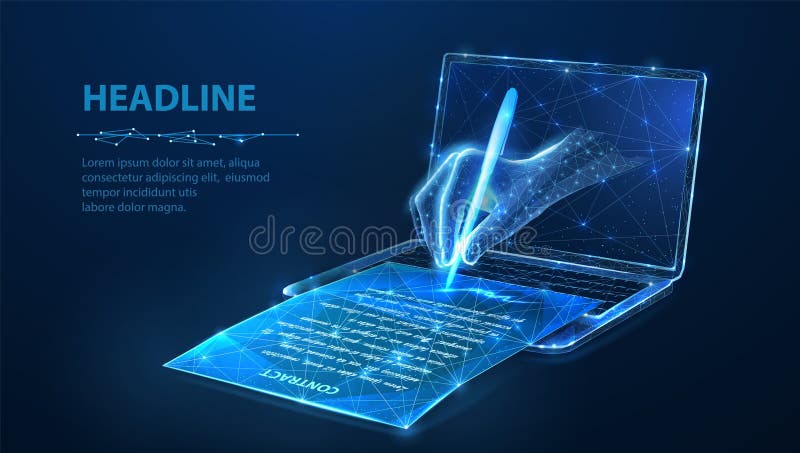 Mano digitale con cartello orizzontale a un documento e a un portatile. contratto di firma digitale illustrazione di stock