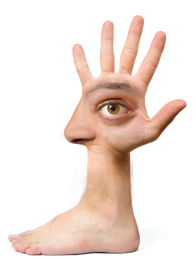 Very ugly face and comical create with the hand with an eye, an ear, the nose, the mouth and a foot. Very ugly face and comical create with the hand with an eye, an ear, the nose, the mouth and a foot