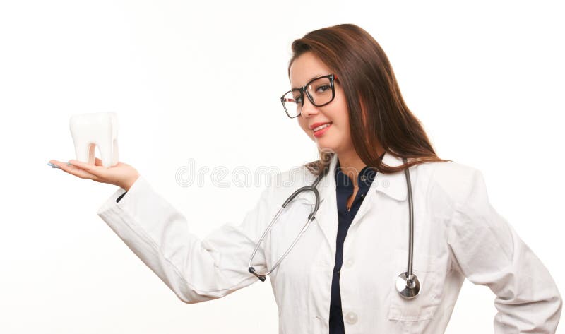 Mano femenina del doctor que sostiene el diente humano sano blanco imagenes de archivo Mano femenina del doctor que sostiene el diente humano sano blanco imagenes de archivo