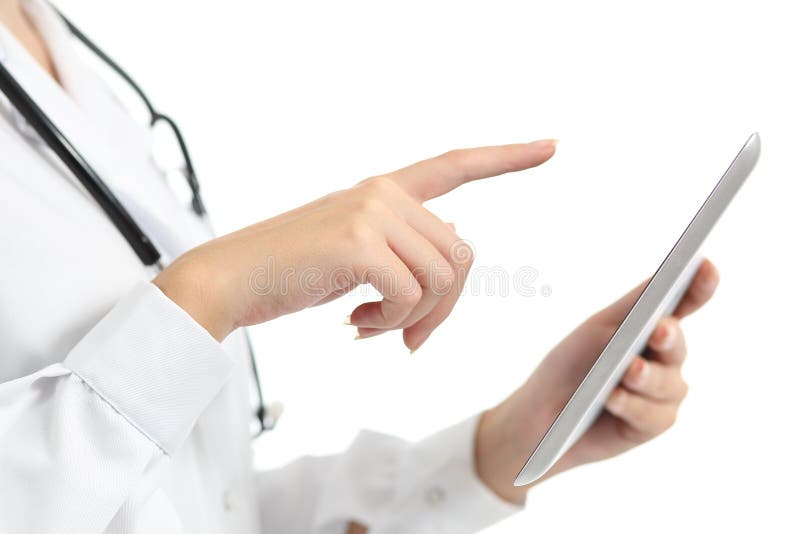 Mano femenina del doctor que toca una tableta digital imagen de archivo libre de regalías Mano femenina del doctor que toca una tableta digital imagen de archivo libre de regalías