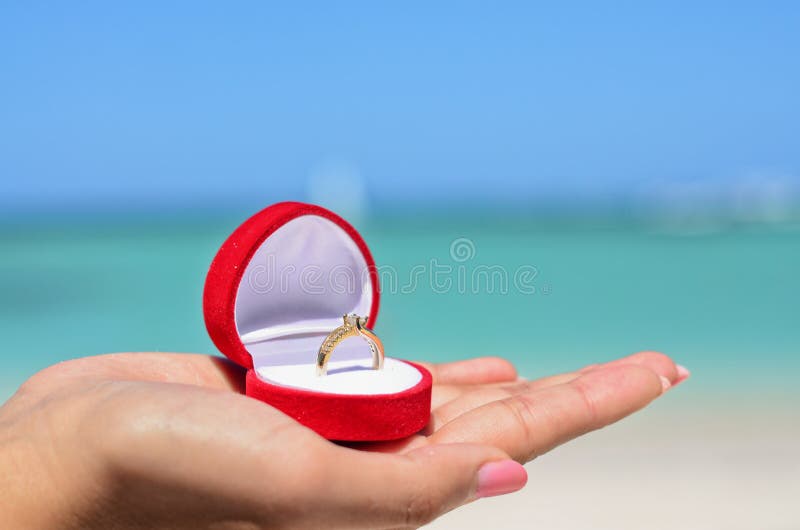 Mano femenina que lleva a cabo el anillo de bodas de oro en caja de joyería roja encendido foto de archivo Mano femenina que lleva a cabo el anillo de bodas de oro en caja de joyería roja encendido foto de archivo