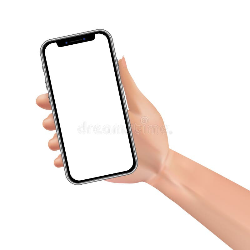 Mano femminile che tiene smartphone nero con lo schermo in bianco isolato su fondo bianco royalty illustrazione gratis