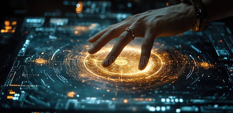 Mano futuristica che interagisce con un'interfaccia digitale accesa che mostra una visualizzazione complessa dei dati illustrazione di stock