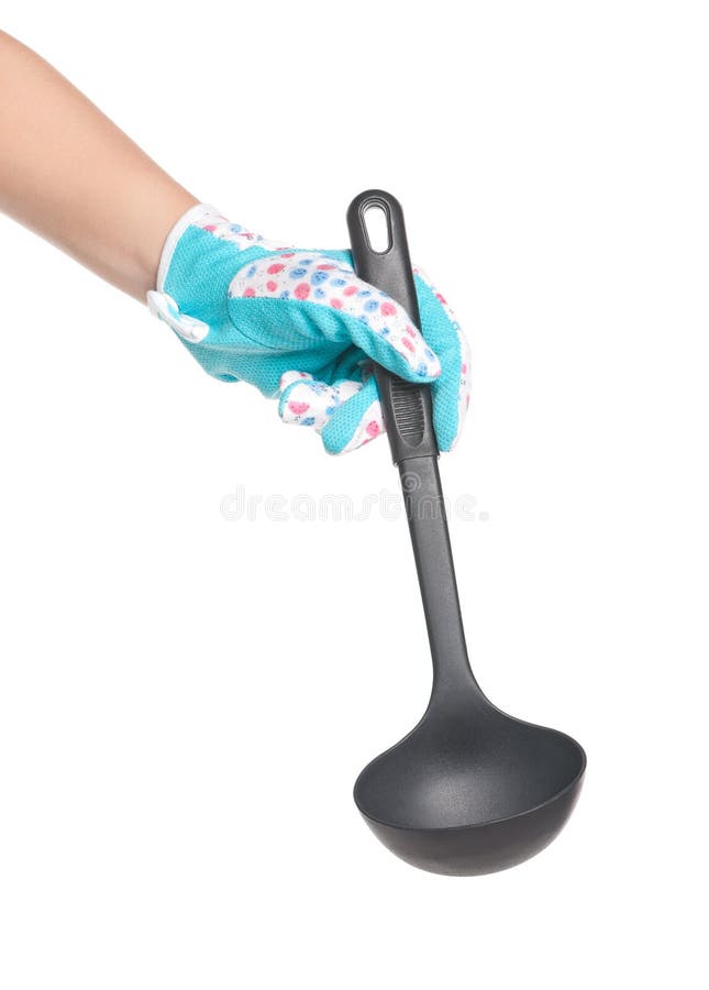 One hand in glove with ladle isolated on white background. One hand in glove with ladle isolated on white background
