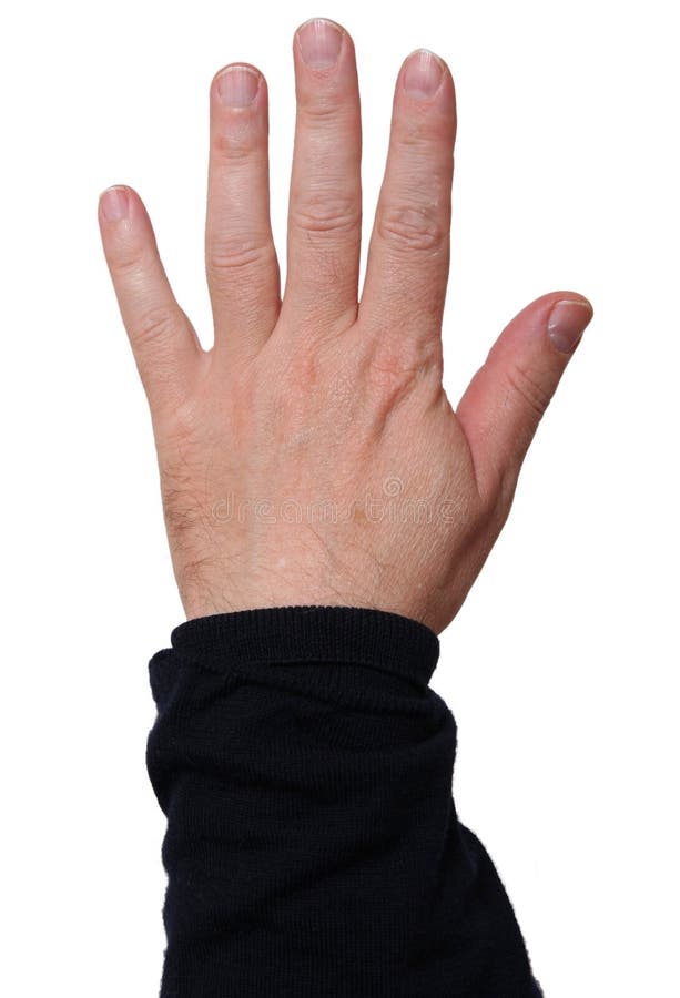 Male left hand showing five fingers; middle-aged skin type (around 50); white background. Male left hand showing five fingers; middle-aged skin type (around 50); white background