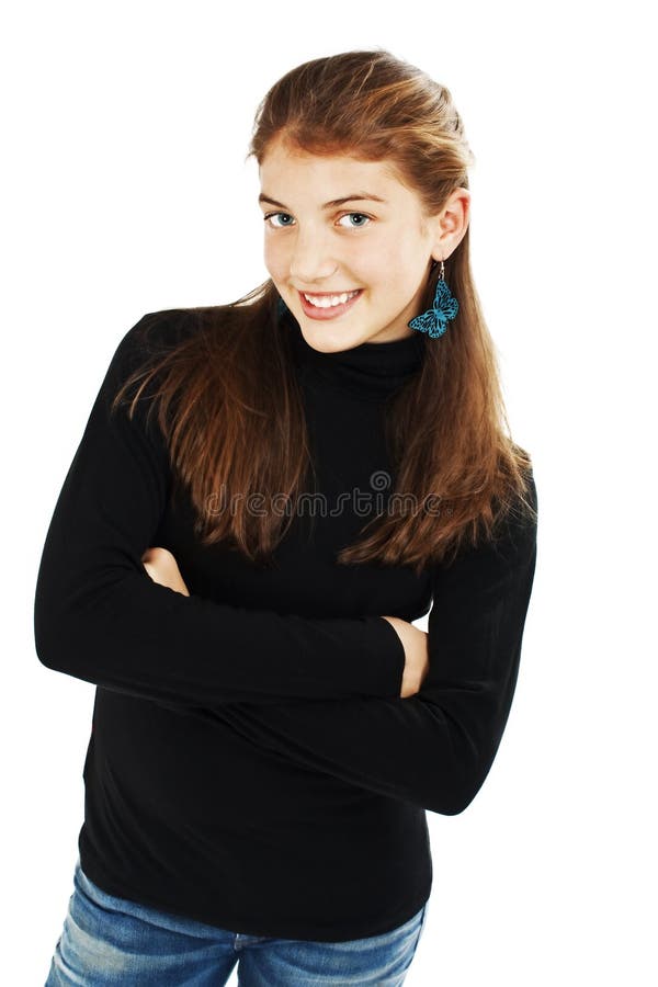 Adolescente sorridente e attraente con le mani giunte fotografia stock libera da diritti