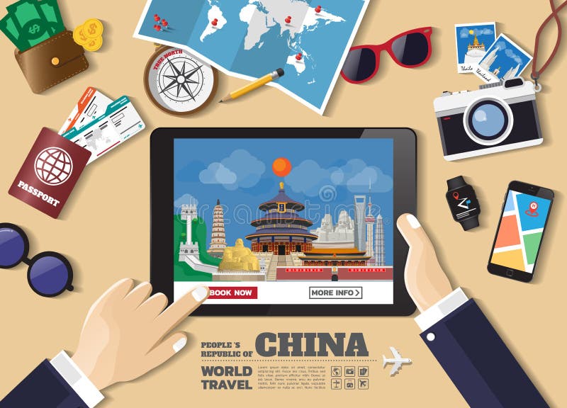 Mano que sostiene el destino elegante del viaje de la reservación de la tableta famou de China libre illustration Mano que sostiene el destino elegante del viaje de la reservación de la tableta famou de China libre illustration