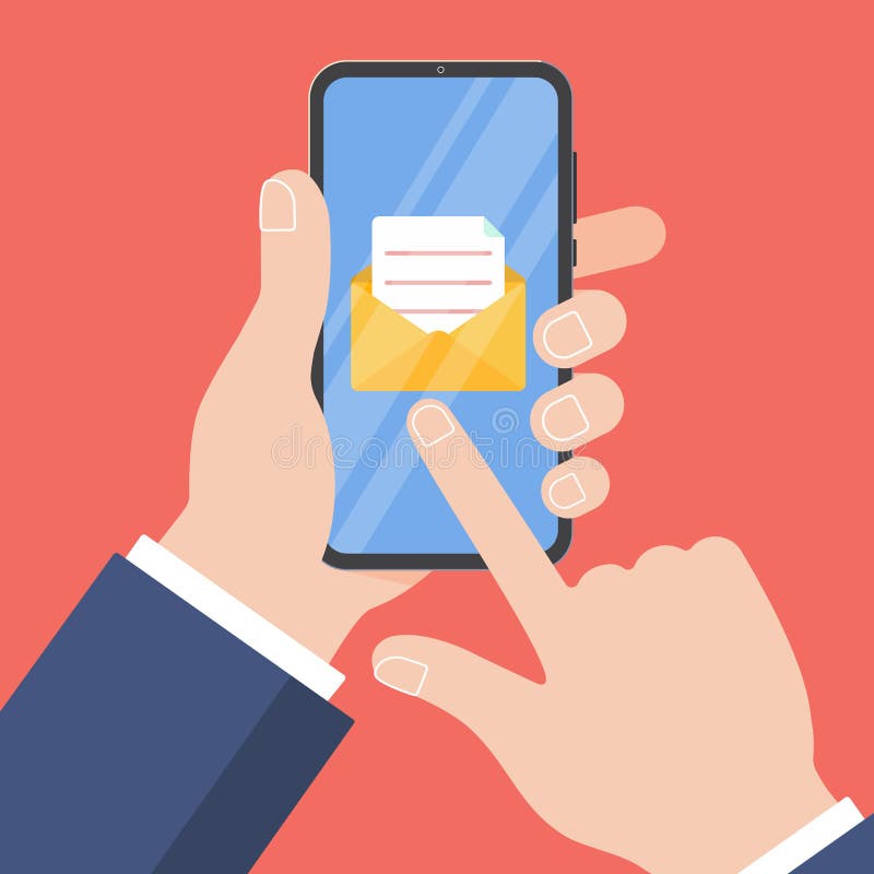 Mano que sostiene el teléfono móvil negro aislado en fondo rojo ilustración del vector Mano que sostiene el teléfono móvil negro aislado en fondo rojo ilustración del vector