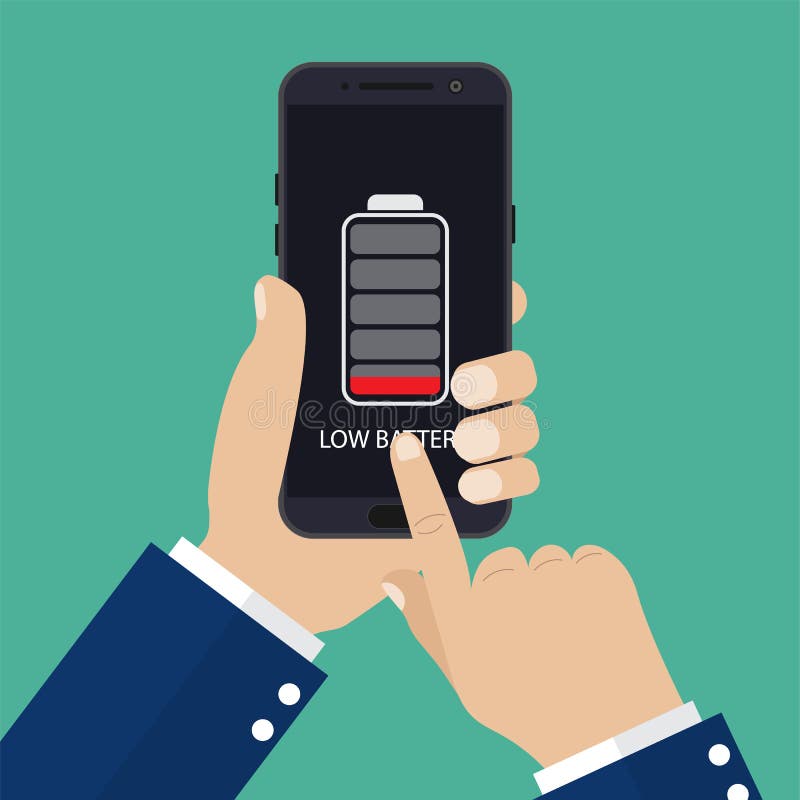 Mano que sostiene smartphone con la batería baja stock de ilustración Mano que sostiene smartphone con la batería baja stock de ilustración