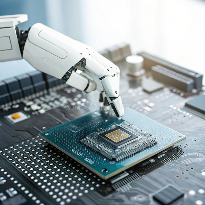 Mano robot di apprendimento automatico su chip illustrazione di stock