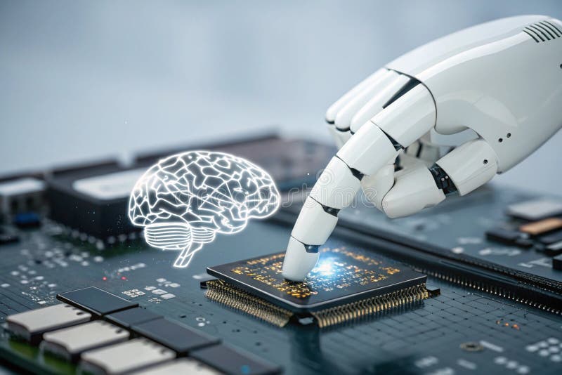 Mano robot di apprendimento automatico su chip illustrazione di stock