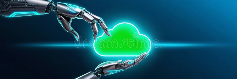 Mano robotica accesa verso un'icona di nubi luminosi che illustra il ruolo principale nell'elaborazione e nello storage dei dati royalty illustrazione gratis