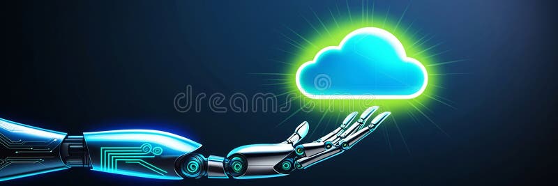 Mano robotica accesa verso un'icona di nubi luminosi che illustra il ruolo principale nell'elaborazione e nello storage dei dati illustrazione di stock