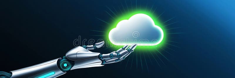 Mano robotica accesa verso un'icona di nubi luminosi che illustra il ruolo principale nell'elaborazione e nello storage dei dati illustrazione di stock