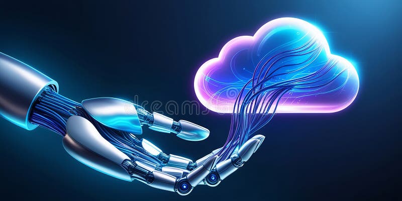 Mano robotica accesa verso un'icona di nubi luminosi che illustra il ruolo principale nell'elaborazione e nello storage dei dati illustrazione vettoriale