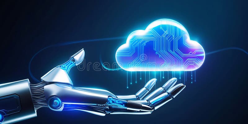 Mano robotica accesa verso un'icona di nubi luminosi che illustra il ruolo principale nell'elaborazione e nello storage dei dati illustrazione di stock