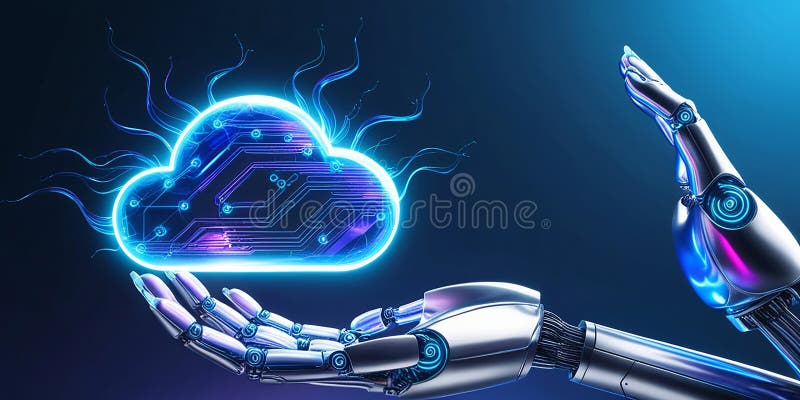 Mano robotica accesa verso un'icona di nubi luminosi che illustra il ruolo principale nell'elaborazione e nello storage dei dati illustrazione vettoriale