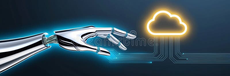 Mano robotica accesa verso un'icona di nubi luminosi che illustra il ruolo principale nell'elaborazione e nello storage dei dati illustrazione di stock