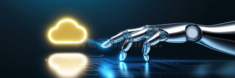 Mano robotica accesa verso un'icona di nubi luminosi che illustra il ruolo principale nell'elaborazione e nello storage dei dati royalty illustrazione gratis
