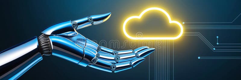 Mano robotica accesa verso un'icona di nubi luminosi che illustra il ruolo principale nell'elaborazione e nello storage dei dati illustrazione vettoriale