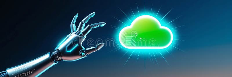 Mano robotica accesa verso un'icona di nubi luminosi che illustra il ruolo principale nell'elaborazione e nello storage dei dati royalty illustrazione gratis
