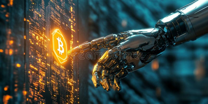 Mano robotica che interagisce con la cristocrenza di monete bituminose sull'interfaccia digitale. aizione generativa