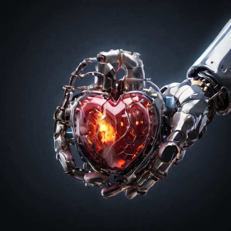 Mano robotica con cuore meccanico brillante fotografie stock libere da diritti