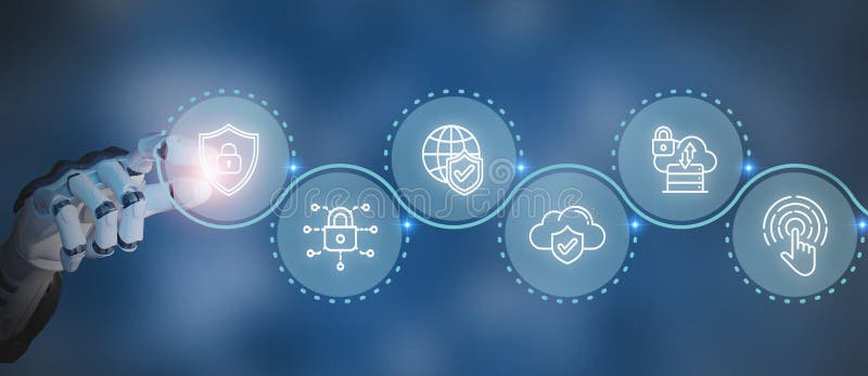 Mano robótica con interfaz de ciberseguridad. La mano robótica interactúa con una interfaz digital futurista iconos de seguridad c fotografía de archivo libre de regalías