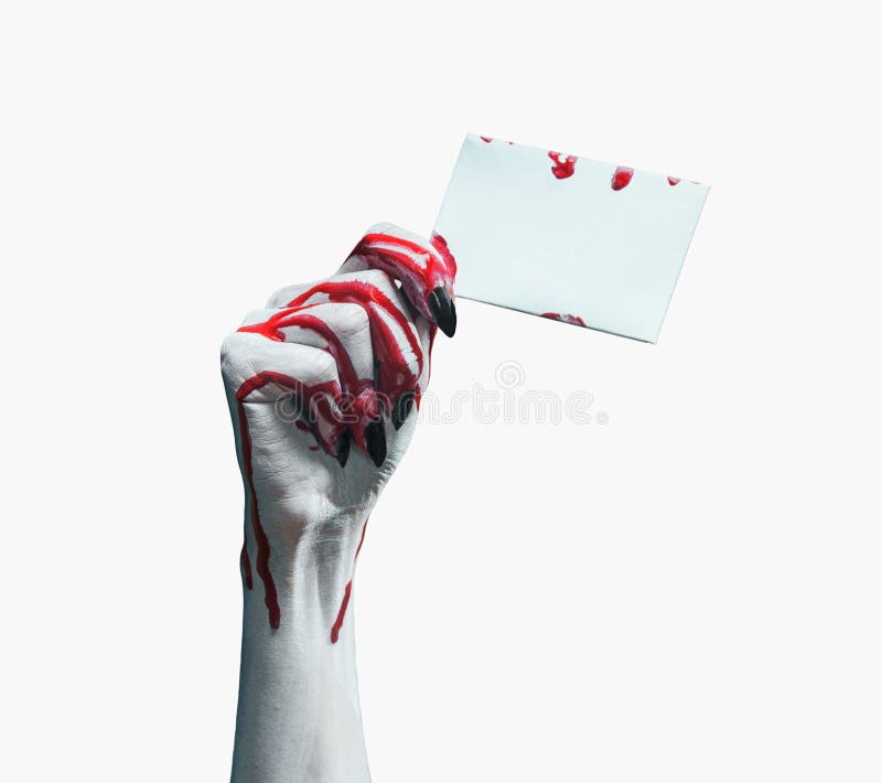 Mano sangrienta del vampiro con la tarjeta vacía imágenes de archivo libres de regalías Mano sangrienta del vampiro con la tarjeta vacía imágenes de archivo libres de regalías