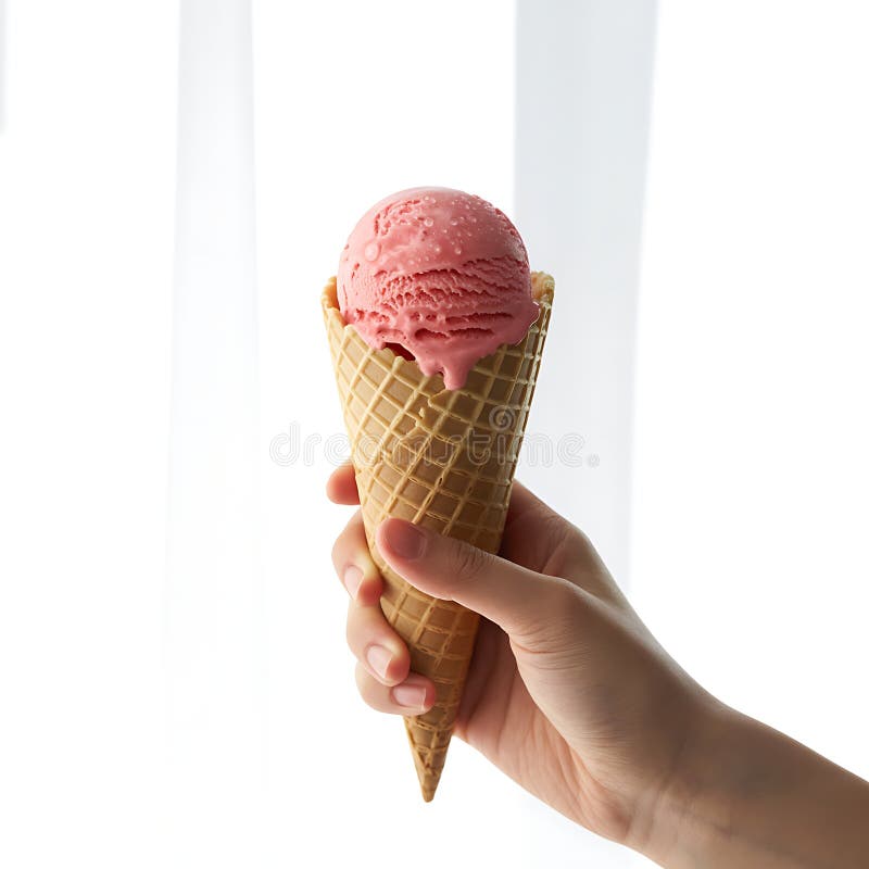 Mano sosteniendo cuchara de helados de fresa rosa en cono de gofre dorado libre illustration