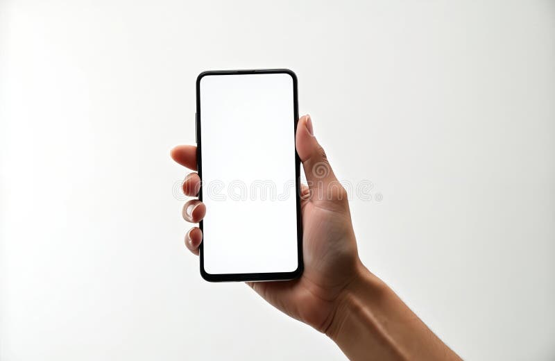 Mano sosteniendo la pantalla en blanco del teléfono móvil aislado en fondo blanco. El usuario muestra la presentación en blanco de libre illustration