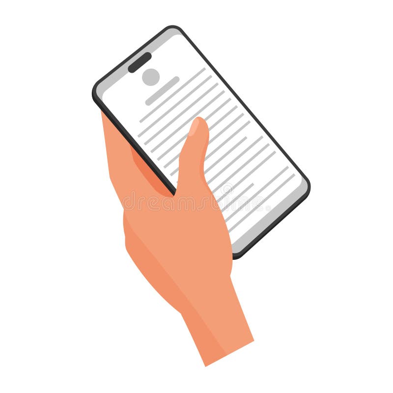 Mano sujetando el smartphone con texto en pantalla persona leyendo libro digital libre illustration